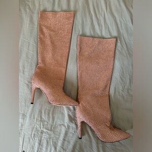 Elegant Pink Rhinestone Knee-High Boots